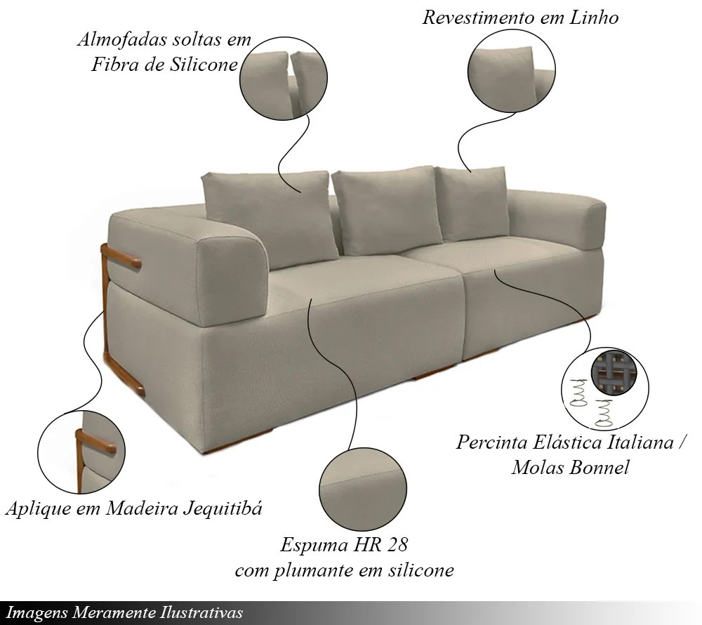 Sofá Bipartido 5 Lugares com Almofadas Soltas 300cm Nuuk Linho Avelã G63 - Gran Belo