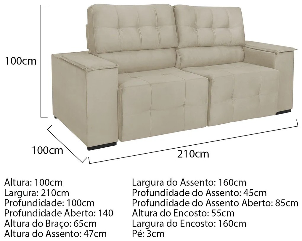 Sofá Cama Retrátil Sala Vicenza 210cm Bouclé