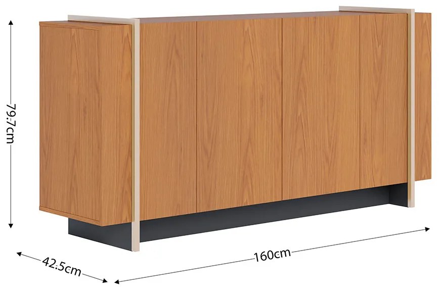 Aparador Buffet 4 Portas Oliwia 160cm Sala Jantar Pé Dourado C04 - D'Rossi - Freijó