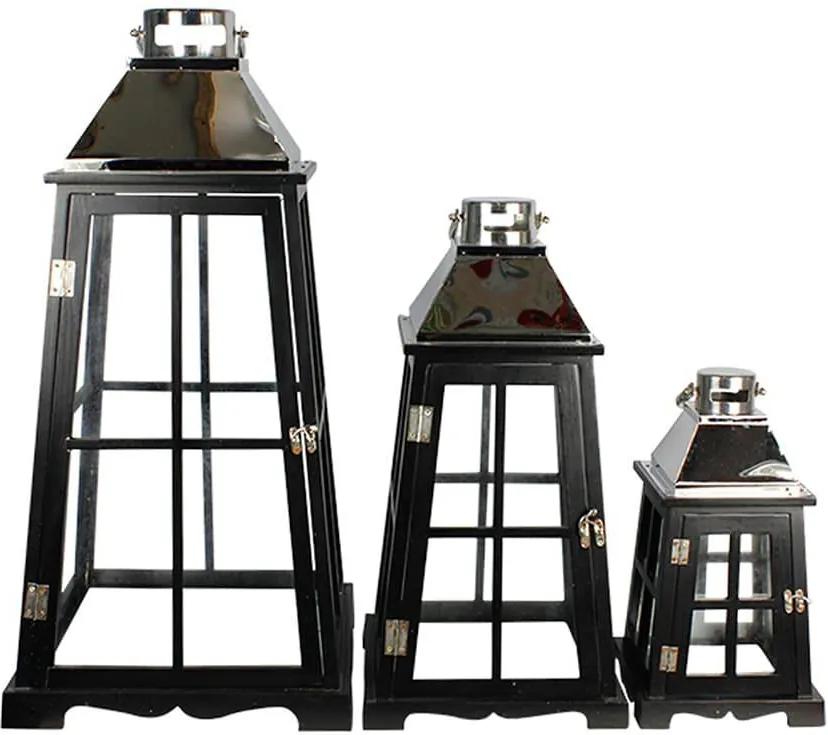 Conjunto 3 Lanternas Preto e Prata em Madeira e Inox Oldway - 68x35 cm