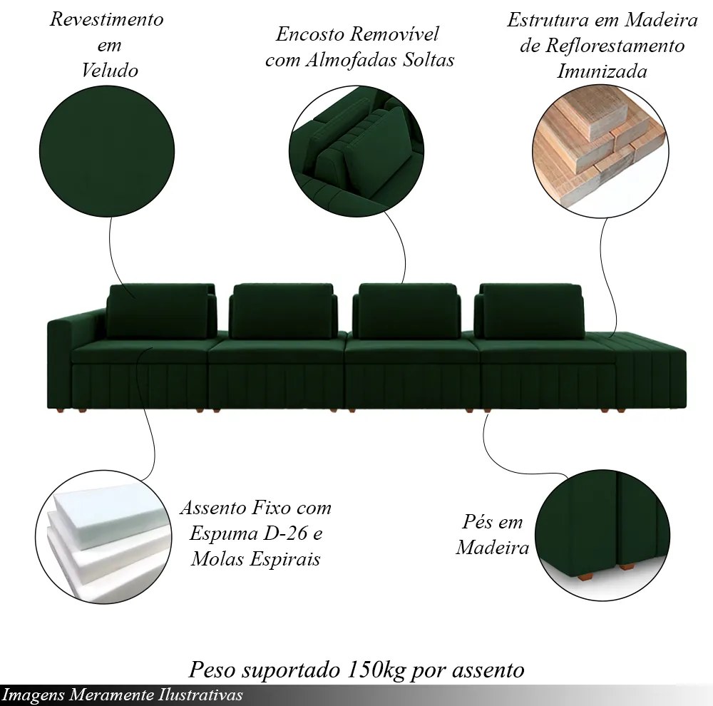 Sofá Ilha com Encosto e Almofadas Móveis Olimpo 505cm Modulado Veludo Verde G45 - Gran Belo