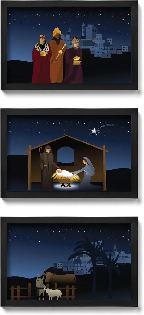 Presépio de Parede Quadro Natalino Noite de Natal - kit com 3 quadros
