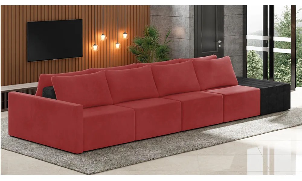 Sofá Ilha 4 Lugares Living 512cm Modulado Sala Lary Veludo/PU Pto K01 - D'Rossi - Vermelho