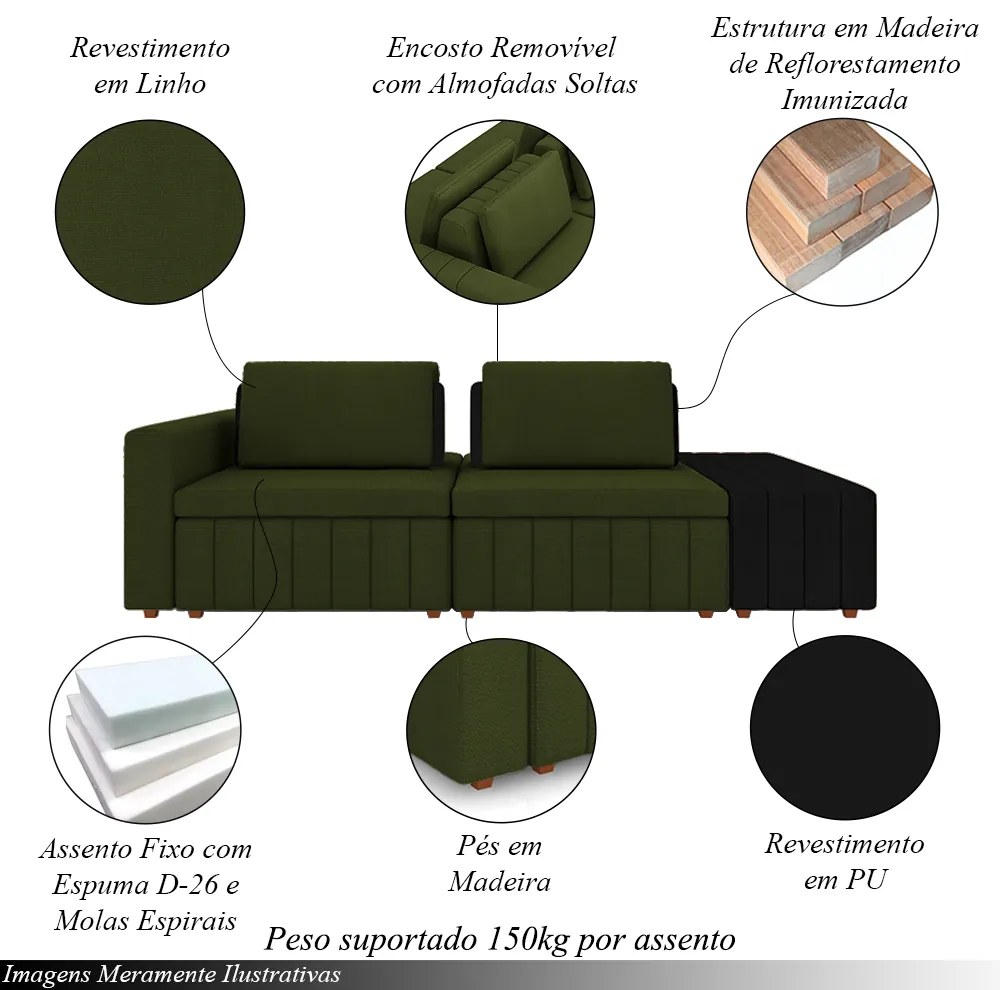 Sofá Ilha com Encosto e Almofadas Móveis Olimpo 265cm Modulado Linho/PU Verde/Preto G45 - Gran Belo