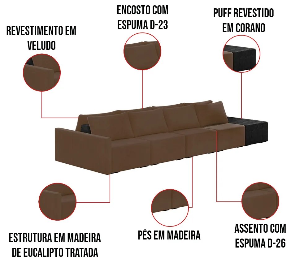 Sofá Ilha 4 Lugares Living 432cm Modulado Sala Lary Veludo/PU Pto K01 - D'Rossi - Marrom