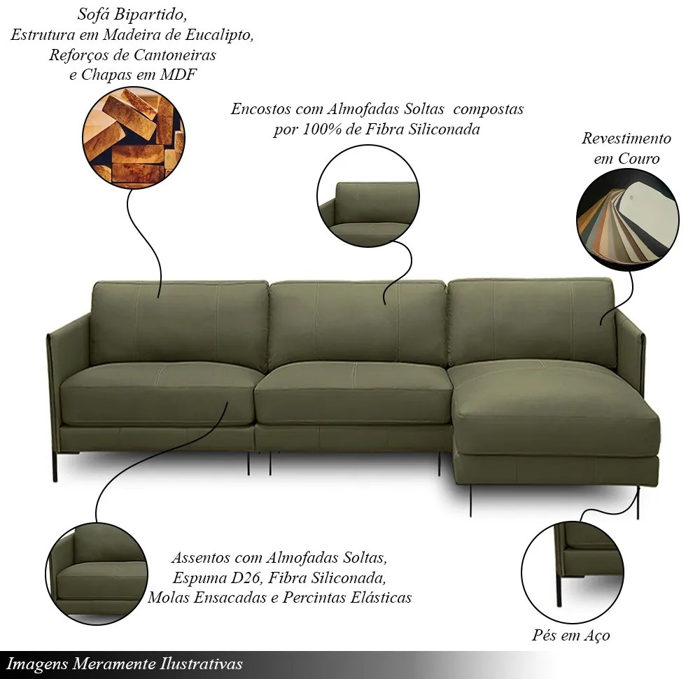 Sofá Decorativo Karine 5 Lugares Sala de estar 300cm com Chaise Pés em Aço Couro Fendi G88 - Gran Belo