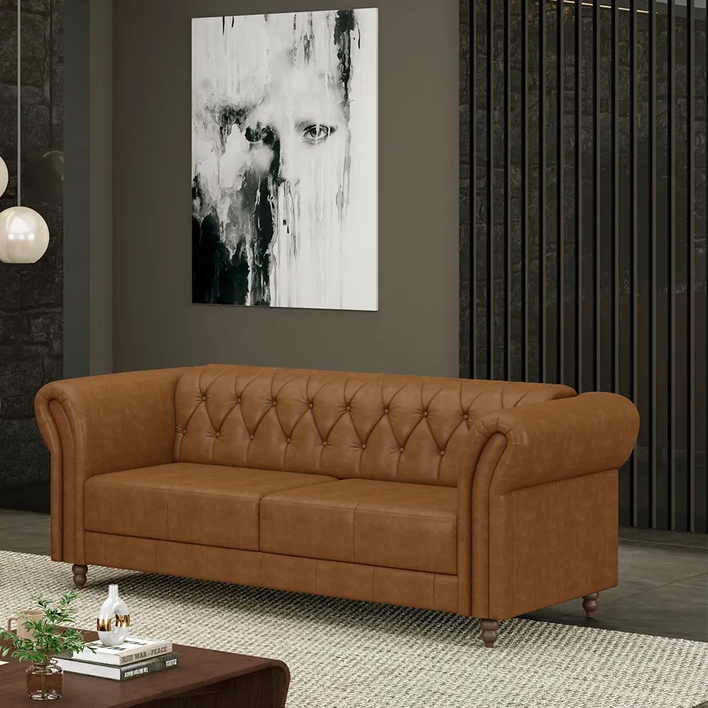 Sofá Living Sala de Estar Stanford Chesterfield 2 Lugares 180cm Pés de Madeira Couro Mel Manchado G58 - Gran Belo