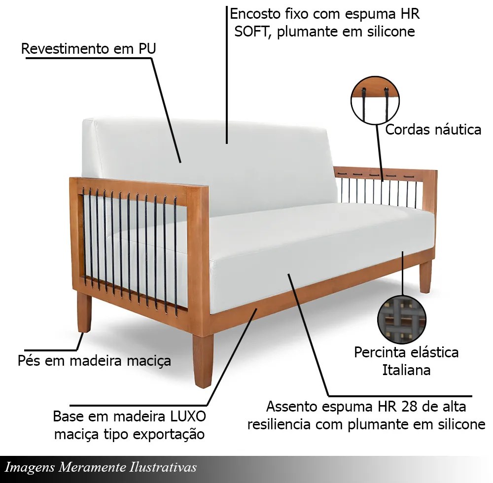 Conjunto Sofá Namoradeira e Poltrona Sala de Estar Pés Madeira Maciça Corda Náutica Preta Manila PU Branco G63 - Gran Belo