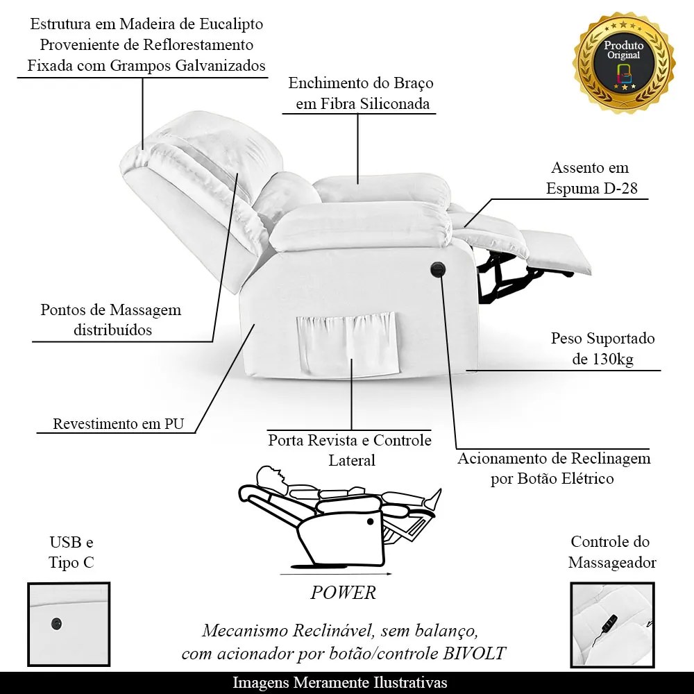 Poltrona do Papai Reclinável Melim Elétrica LED Massagem PU F FH1 - D'Rossi - Branco