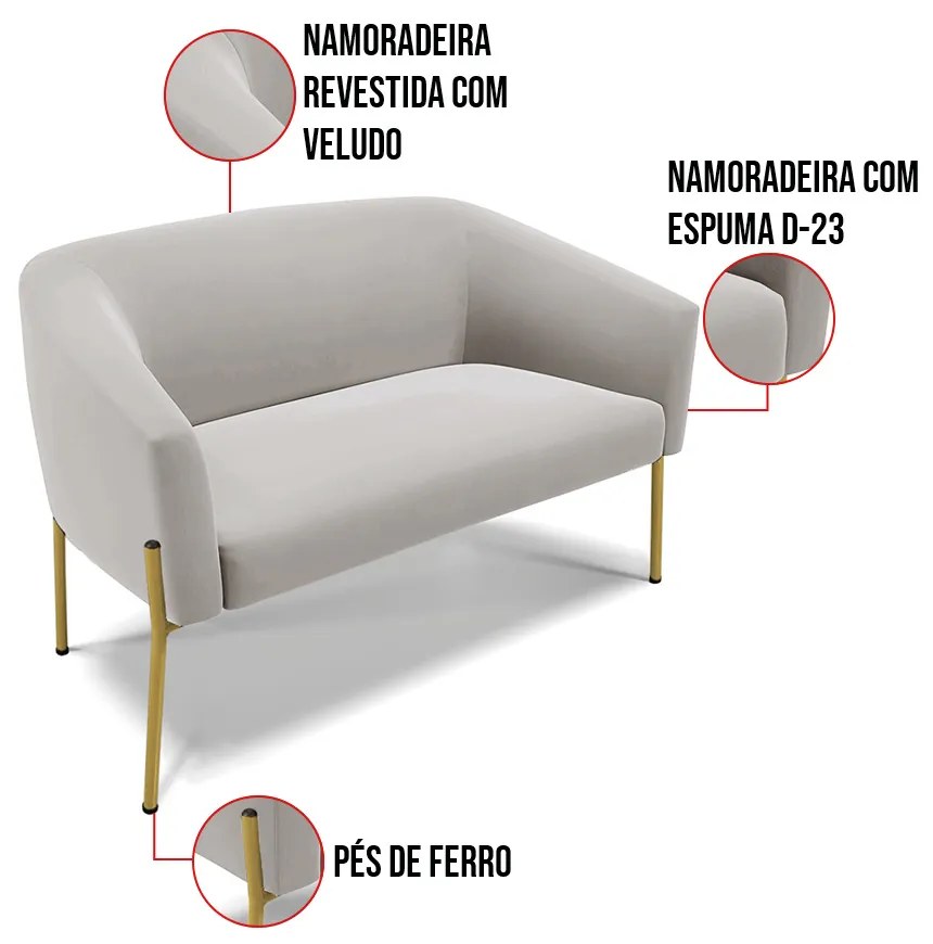 Sofá 2 Lugares Namoradeira Pé de Ferro Dourado Stella Veludo D03 - D'Rossi - Cinza