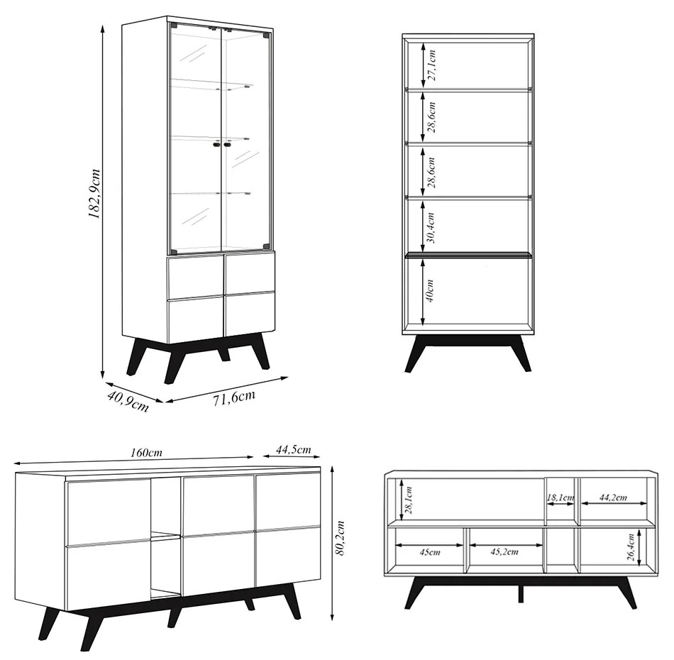 Conjunto Sala de Estar Cristaleira Buffet Aparador Mesa de Centro Decorativa Sancho Off White G73 - Gran Belo