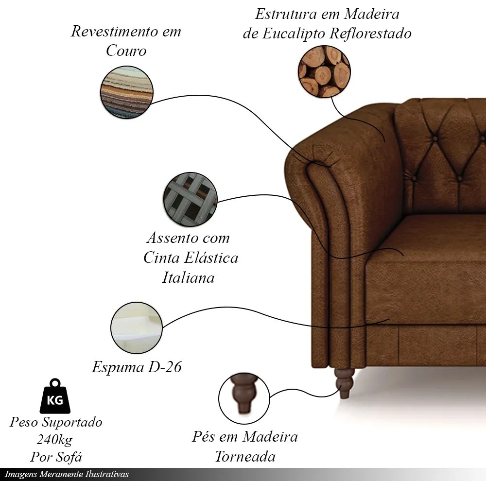 Conjunto de Sofá Sala de Estar Stanford Chesterfield 2 e 3 Lugares 200cm/260cm Pés Madeira Couro Marrom Manchado G58 - Gran Belo