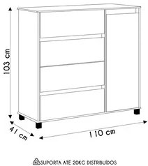 Cômoda Sapateira 1 Porta 4 Gavetas 110cm Topázio Branco - EJ Móveis