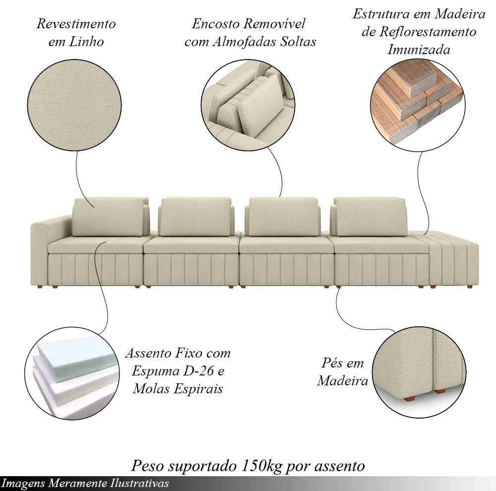 Sofá Ilha com Encosto e Almofadas Móveis Olimpo 465cm Modulado Linho Bege G45 - Gran Belo