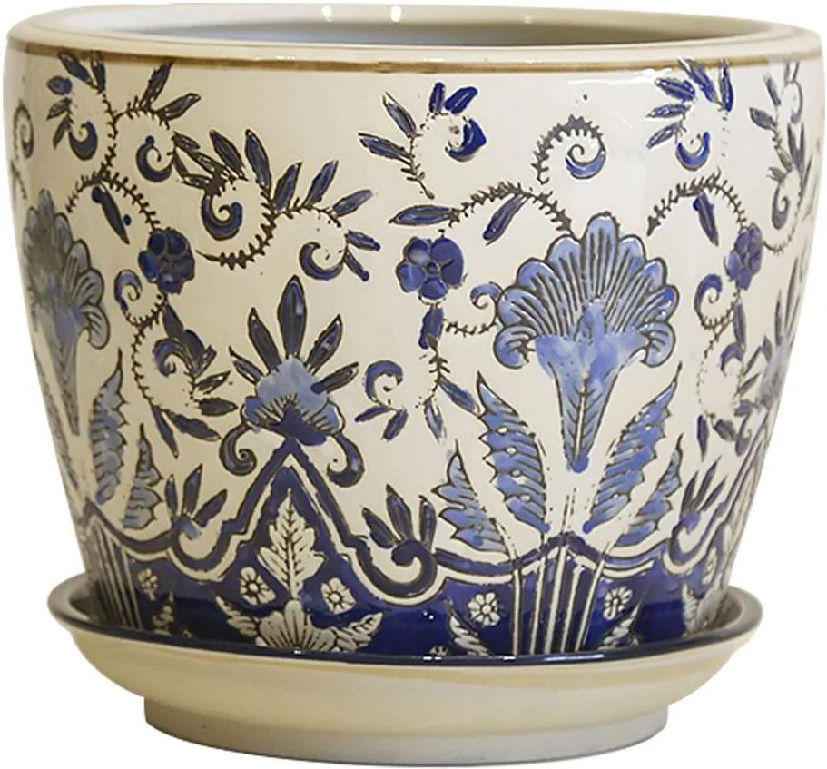 Cachepot em Porcelana com Prato Floral Azul e Branco D26cm x A20cm