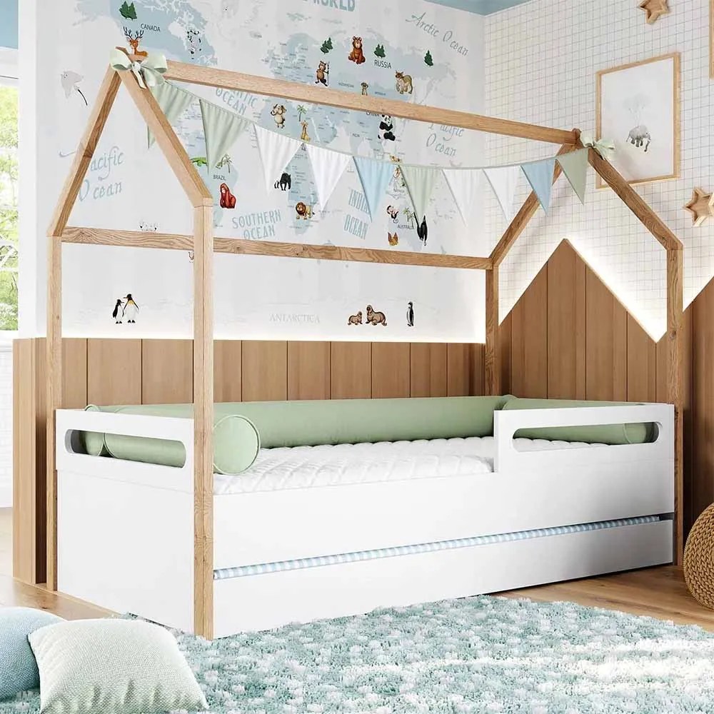 Cama Montessoriana Tivoli com Casinha e Grades de proteção com Cama Auxiliar - Branco e Mel