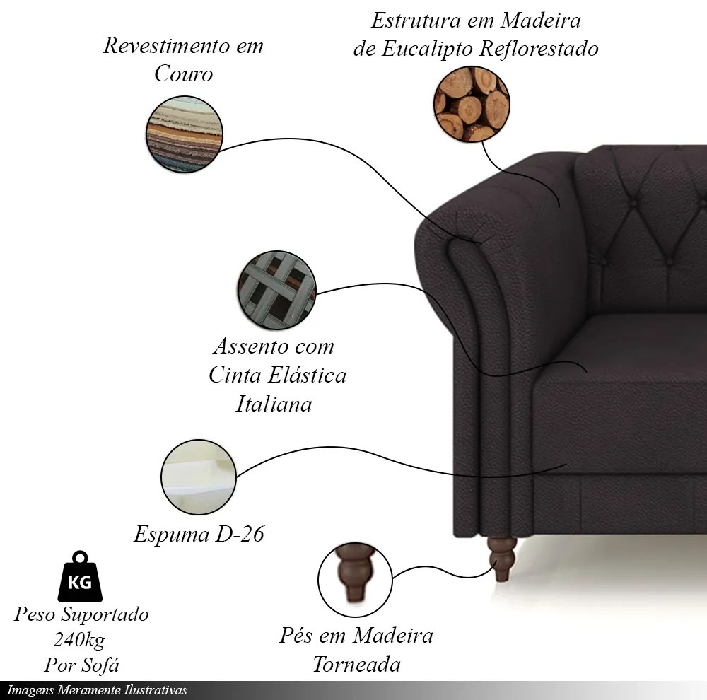 Conjunto de Sofá Sala de Estar Stanford Chesterfield 2 e 3 Lugares 200cm/260cm Pés Madeira Couro Borgonha G58 - Gran Belo