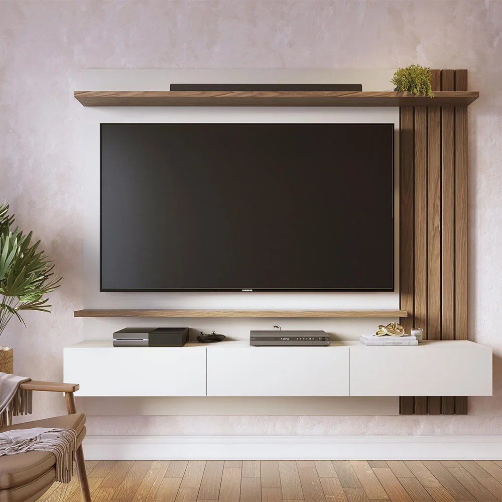 Painel TV 70 Pol 180cm Bancada Suspensa Ripado Luca Amendoa/Off White Matte C04 - D'Rossi