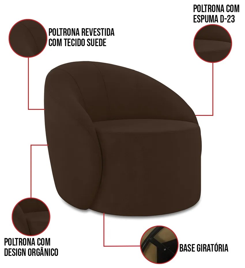 Sofá 4 Lugares Orgânico 220cm Morgan e 2 Poltronas Lua Suede D03 - D'Rossi - Marrom