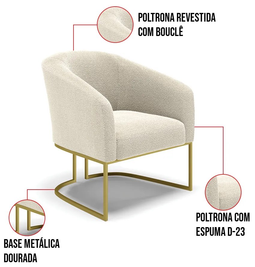 Sofá Namoradeira e Poltrona Industrial Dourado Stella Bouclê D03 - D'Rossi - Bege