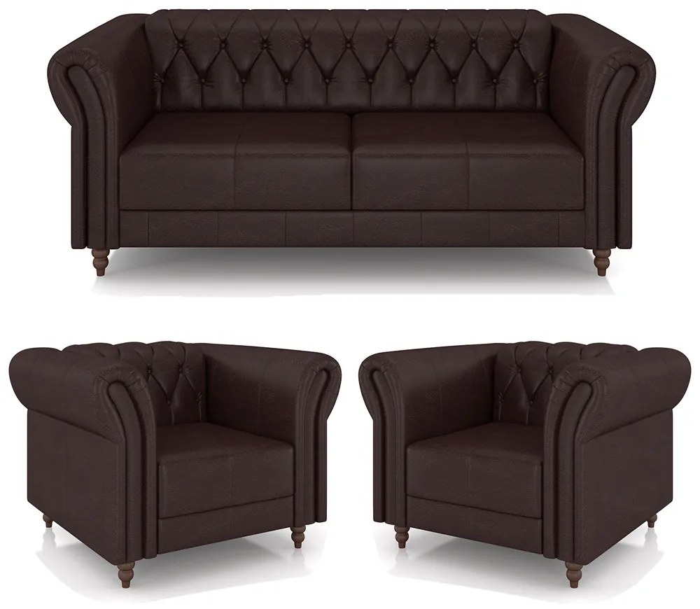 Conjunto Sala de Estar 1 Sofá Living 180cm e 2 Poltronas Stanford Chesterfield Pés Madeira Couro Wine Vinho G58 - Gran Belo