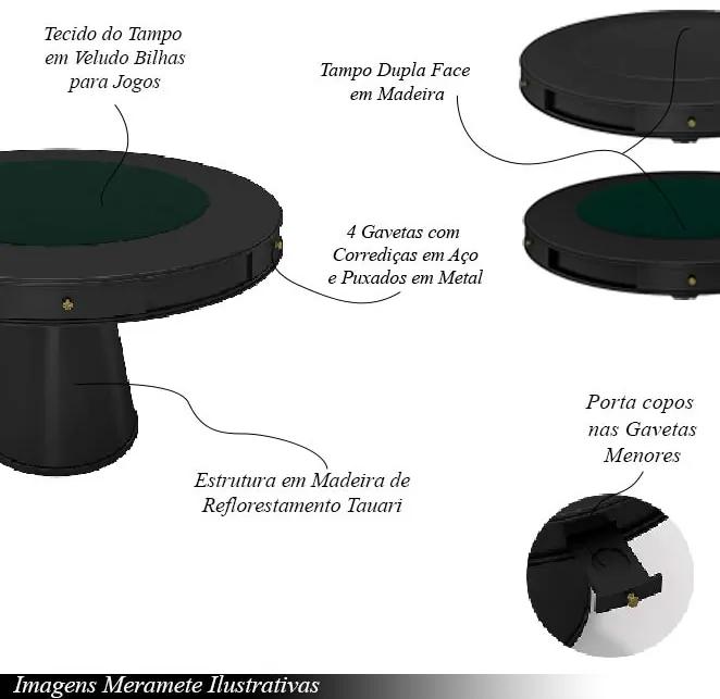 Mesa de Jogos Carteado 4 Lugares Bellagio com Gavetas e Tampo Reversível Base Cone com Tecido Preto/Verde G42 - Gran Belo