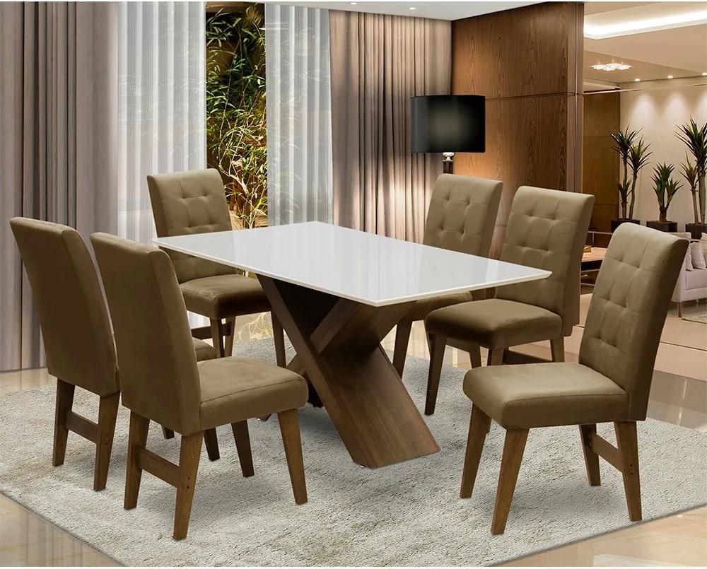 Conjunto Mesa de Jantar com 06 Cadeiras Agata 160cm Castanho/Branco Off/Castor - ADJ DECOR