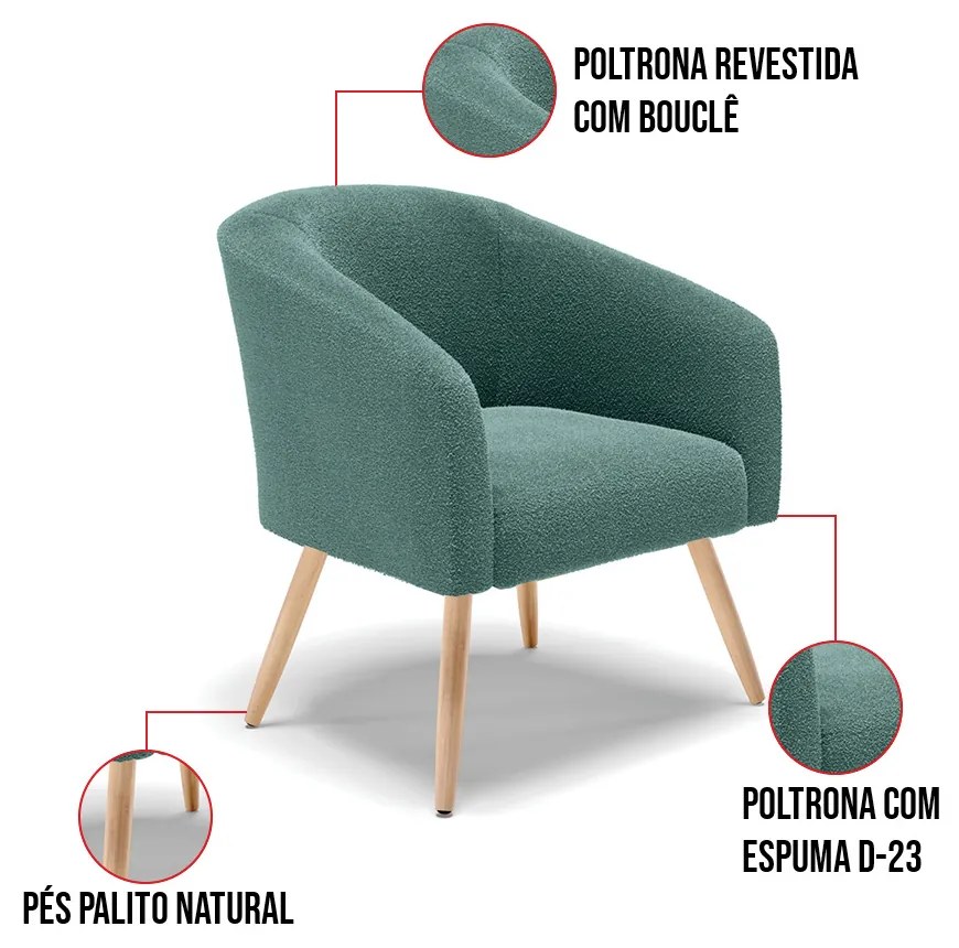 Poltrona Decorativa Pé Palito Natural Stella Bouclê D03 - D'Rossi - Verde Menta