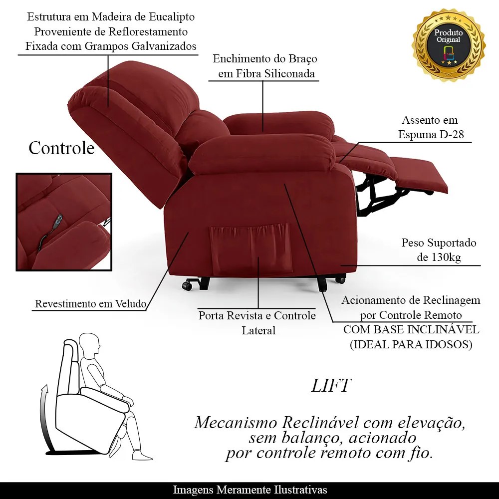 Poltrona do Papai Reclinável Sala de Cinema Madrid Elevação Lift Elétrico Veludo Vermelho  G23