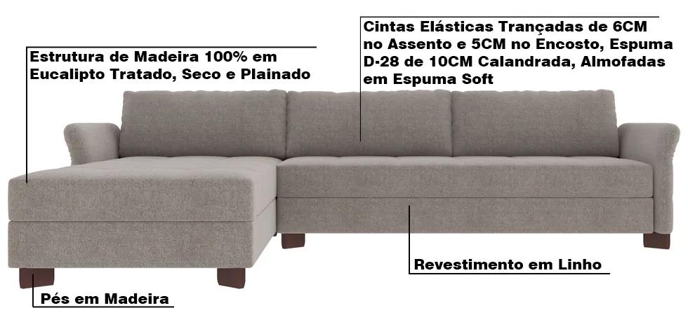 Sofá com Chaise Esquerda 302cm Platon Linho Cinza G52 - Gran Belo