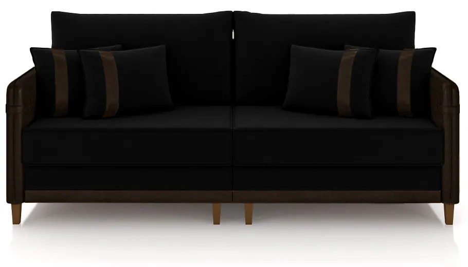 Sofá Living Montecarlo 3 Lugares Bipartido 252cm Pés em Madeira Veludo/PU Preto/Marrom G33 - Gran Belo