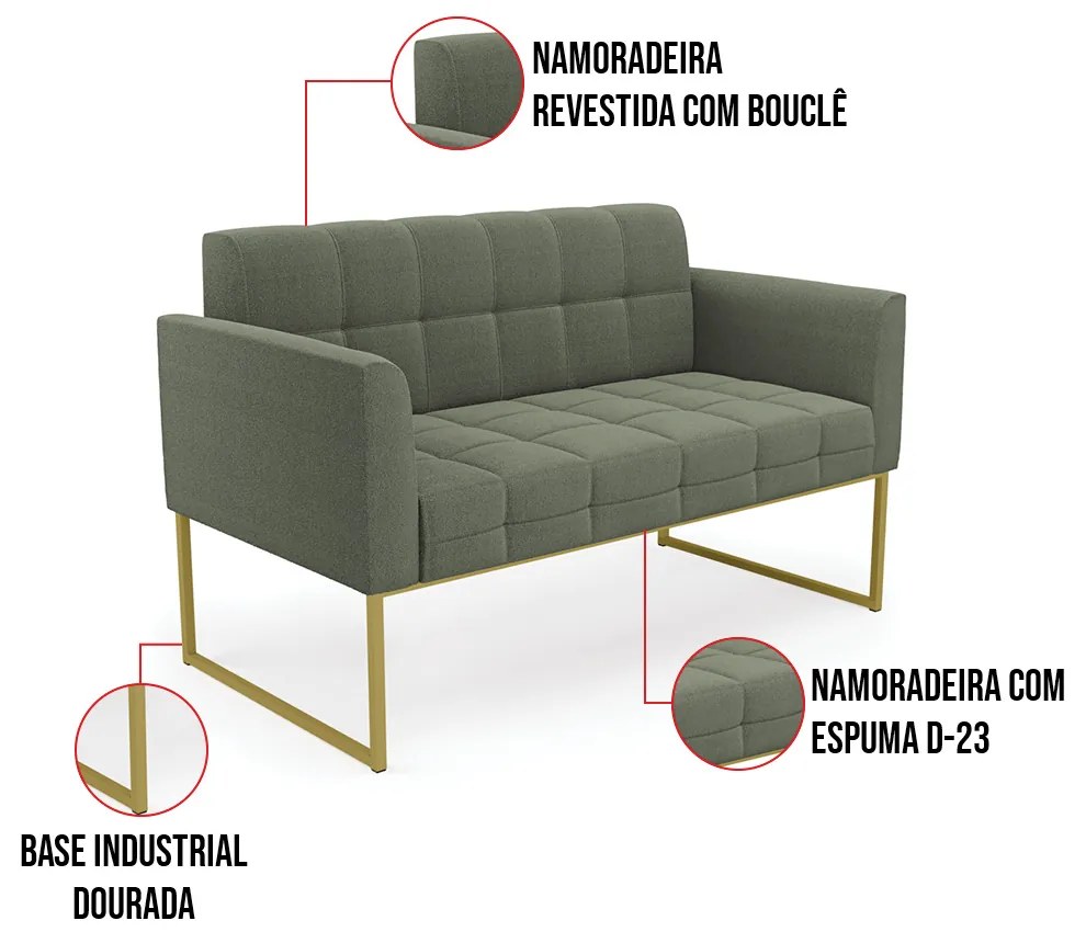 Sofá Namoradeira 2 Lugares Industrial Dourado Elisa Bouclê Verde Pistache D03 - D'Rossi