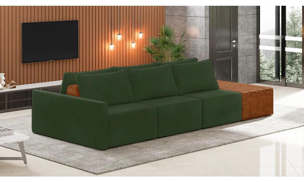 Sofá Ilha 3 Lugares Living 312cm Modulado para Sala Lary Veludo Verde K01 - D'Rossi