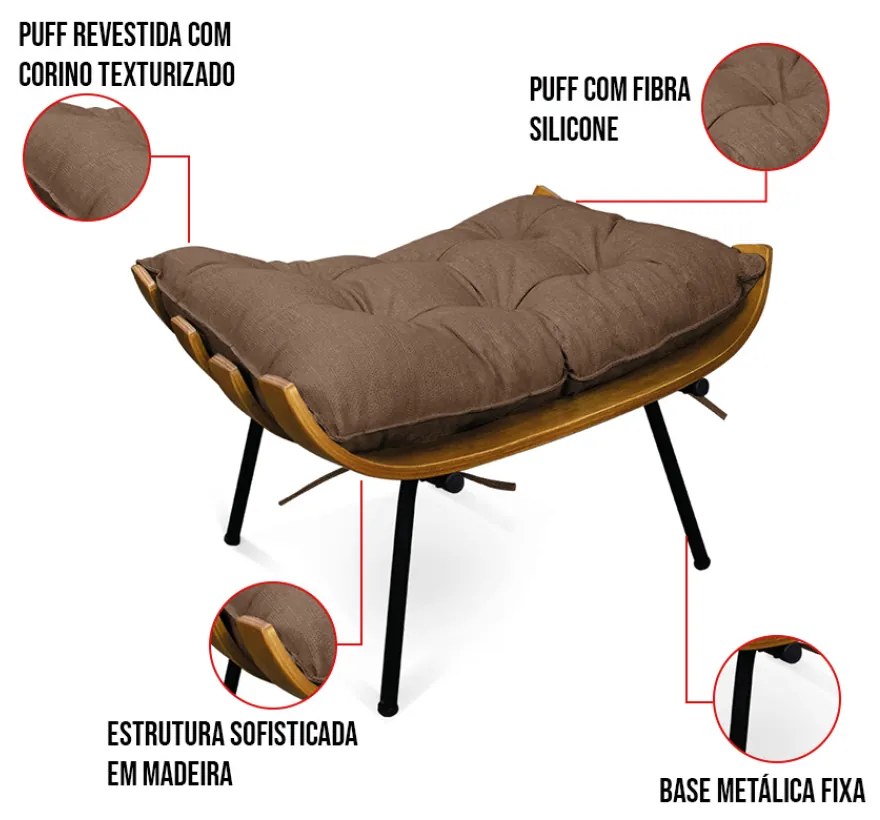 Puff Costela Base Fixa Preta Sala de Estar Corino Text S01 - D'Rossi - Marrom