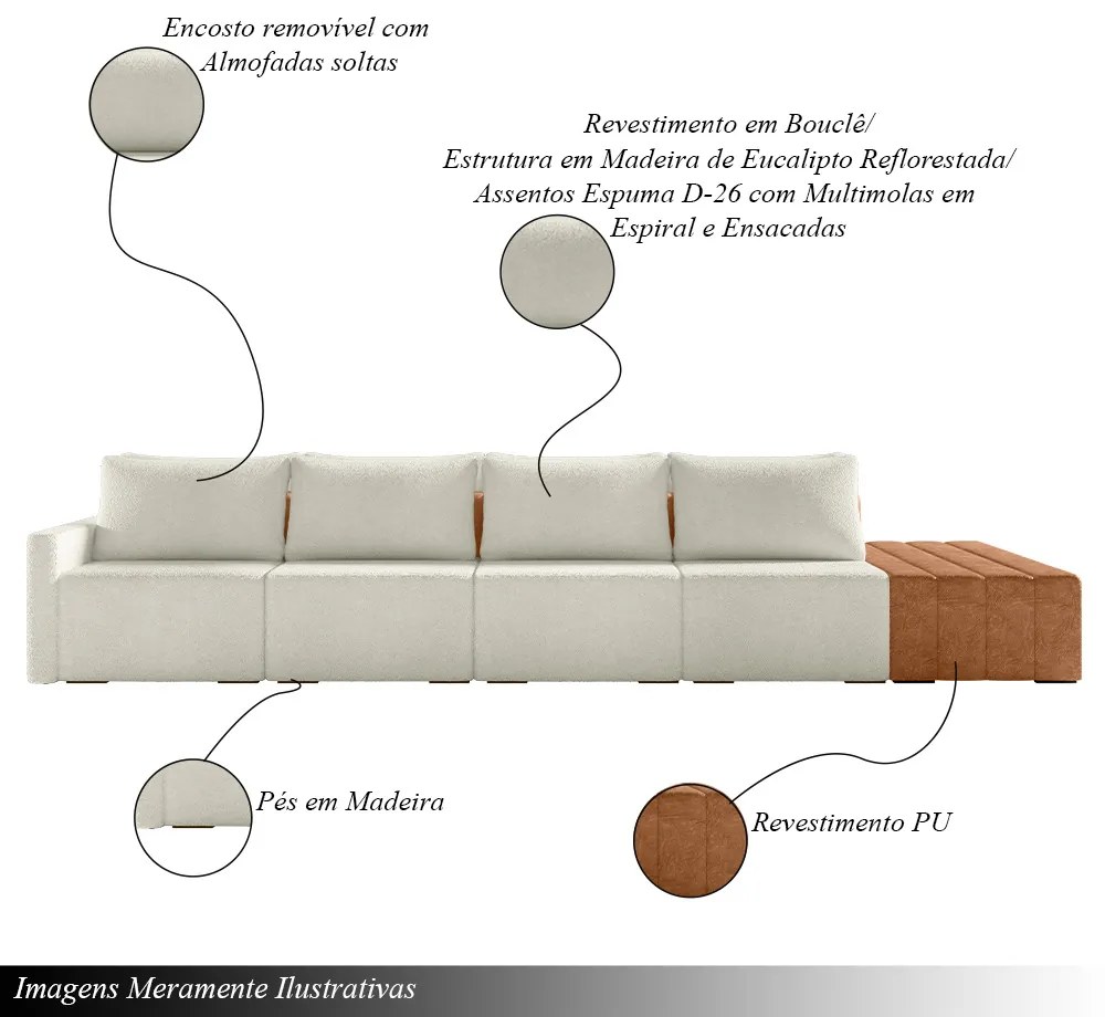 Sofá Ilha Modulado Milos 392cm Puff Lateral OffWhite Caramelo Manchado Bouclê/PU G33 - Gran Belo