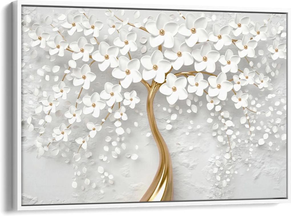 Quadro 60x90cm Flores Cerejeiras Brancas e Dourada Canvas Moldura Flutuante Branca