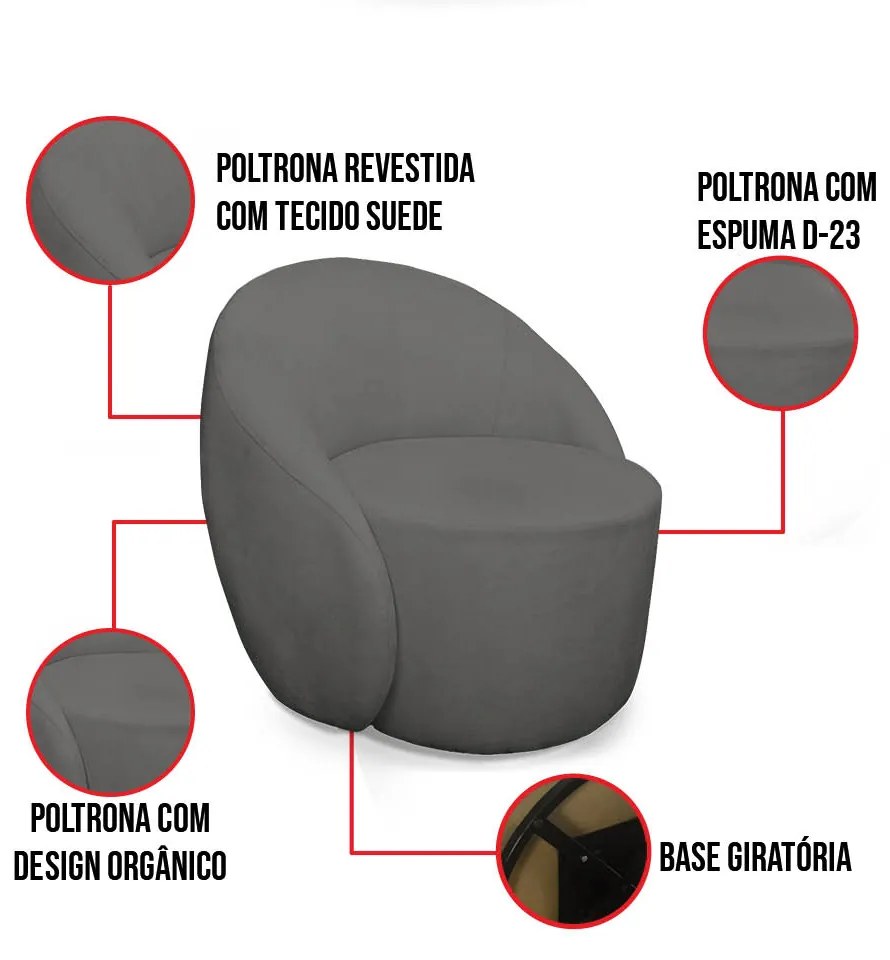 Poltrona Decorativa Orgânica Giratória Kit 2 Lua Suede Grafite D03 - D'Rossi