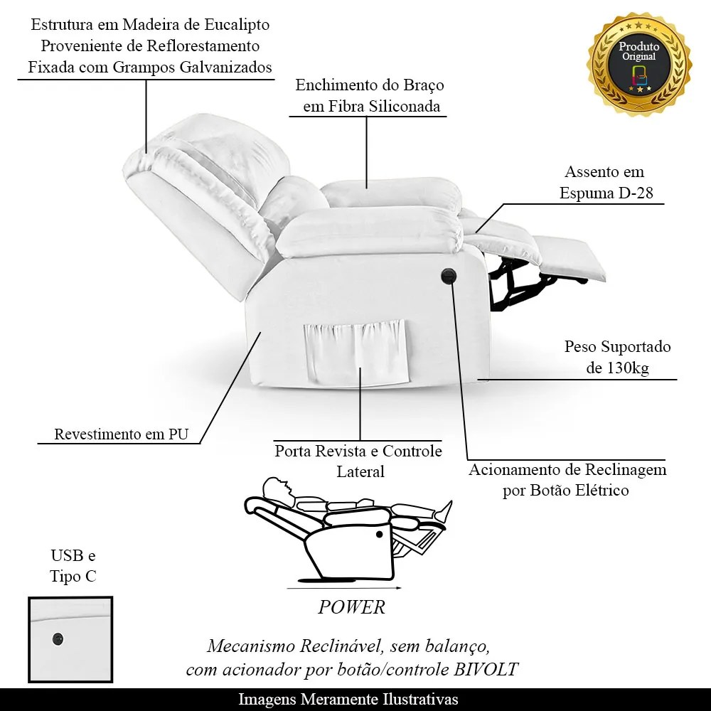 Poltrona do Papai Reclinável Melim Power Elétrica USB Sintético PU FH1 - D'Rossi - Branco