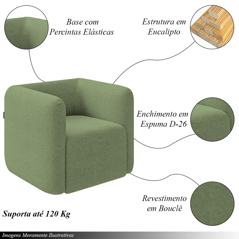 Poltrona Decorativa Sala de Estar Trinidad Base Fixa Bouclê Verde Oliva G33 - Gran Belo