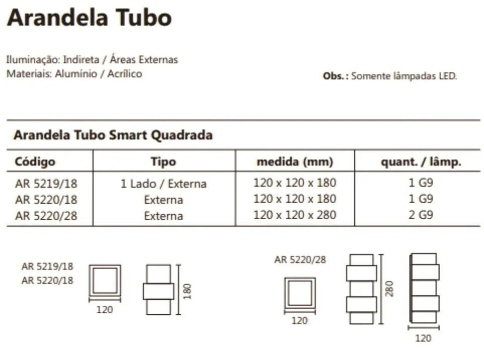 Arandela Smart Tubo Quadrado Facho Duplo 12X12X40Cm 3Xg9 | Usina 5220/... (FN-F - Fendi Fosco)
