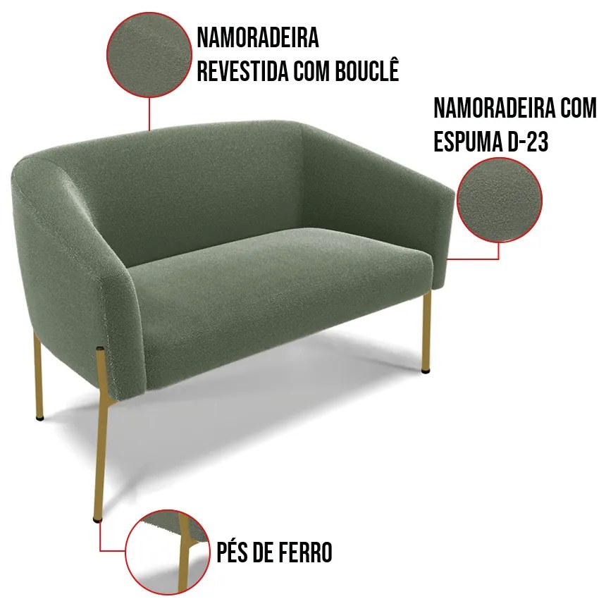 Namoradeira e 2 Poltronas Pé Ferro Dourado Stella Bouclê Menta D03 - D'Rossi