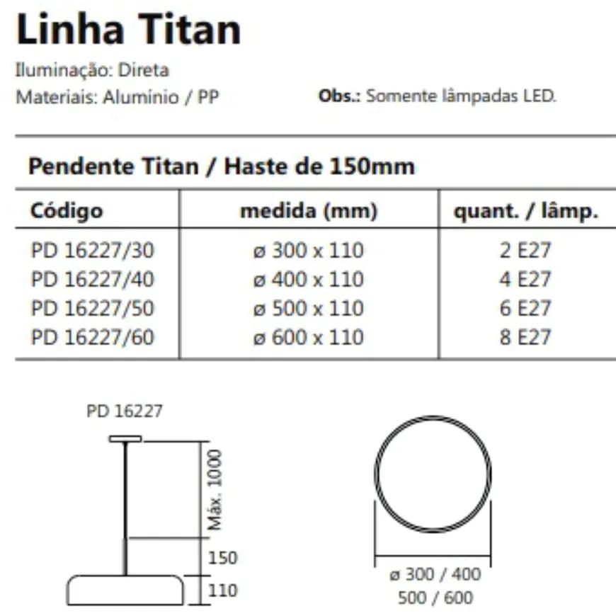 Pendente Titan Ø50X11Cm 6Xe27 Com Difusor Plano / Haste De 15Cm | Usin... (ESC-V - Escovado)