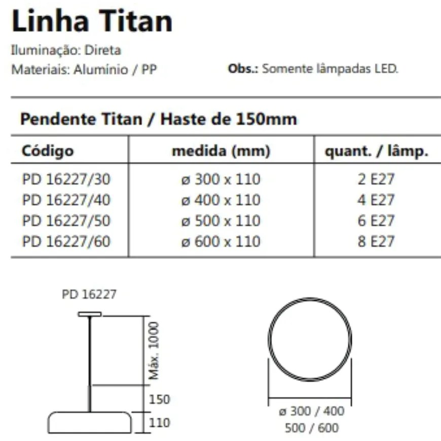 Pendente Titan Ø50X11Cm 6Xe27 Com Difusor Plano / Haste De 15Cm | Usin... (FN-F / GF-M - Fendi Fosco / Grafite Metálico)