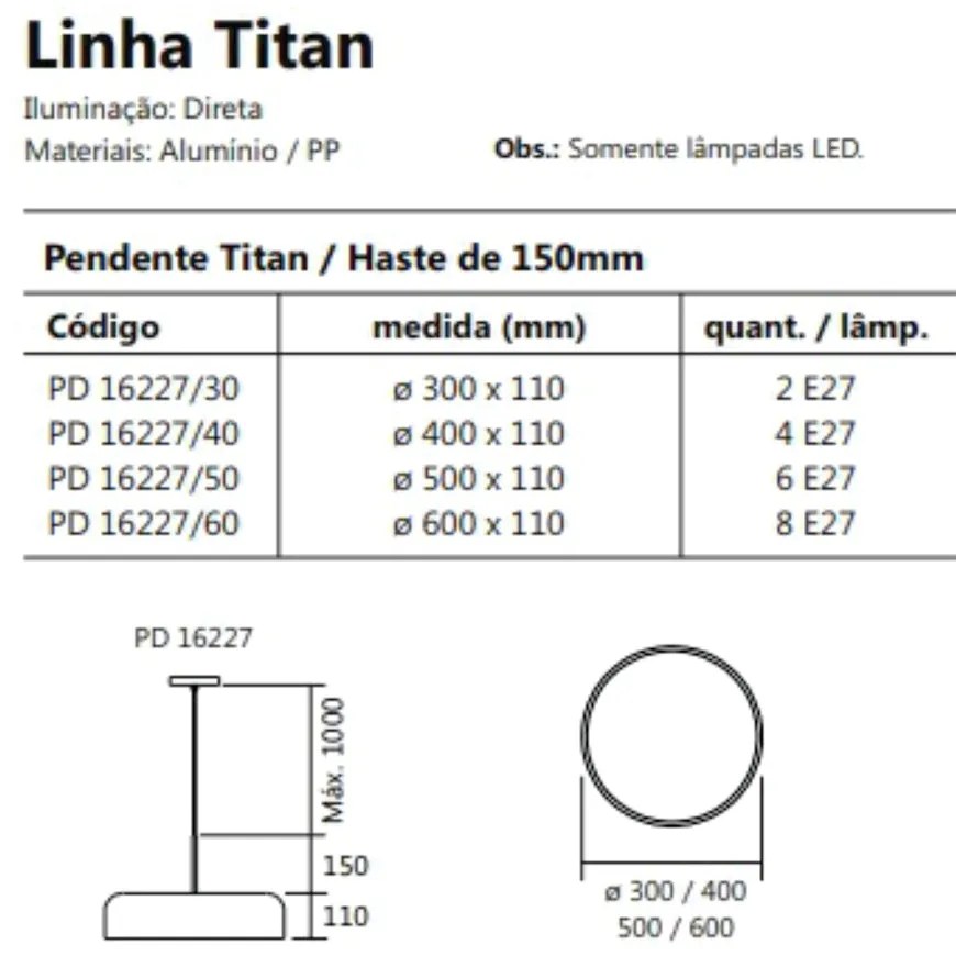 Pendente Titan Ø50X11Cm 6Xe27 Com Difusor Plano / Haste De 15Cm | Usin... (ORN-M - Ouro Novo Metálico)
