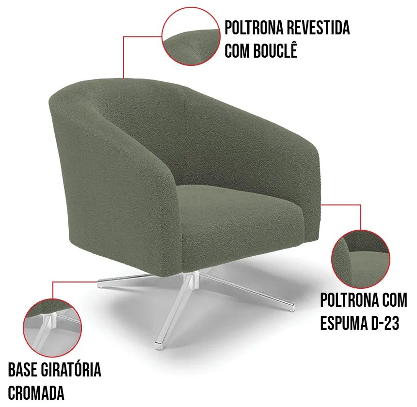 Poltrona Decorativa Base Giratória Cromada Stella Bouclê D03 - D'Rossi - Menta