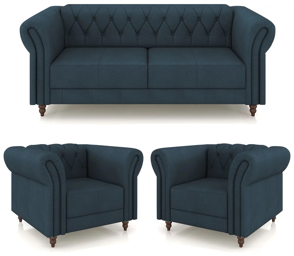 Conjunto Sala de Estar 1 Sofá Living 180cm e 2 Poltronas Stanford Chesterfield Pés Madeira Couro Azul Marinho G58 - Gran Belo