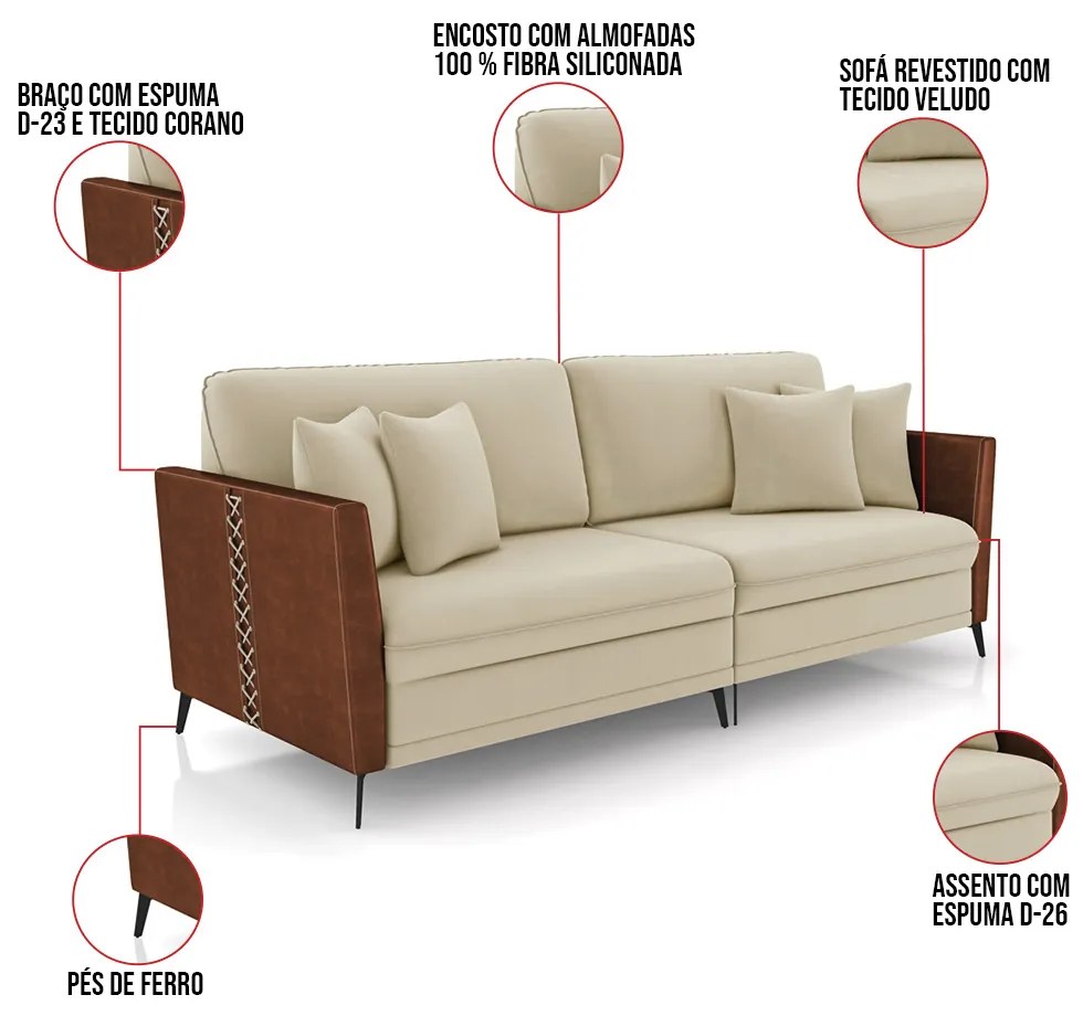 Sofá 4 Lugares Living 262cm Mondaí Sintético Marrom/Veludo K01 - D'Rossi - Bege