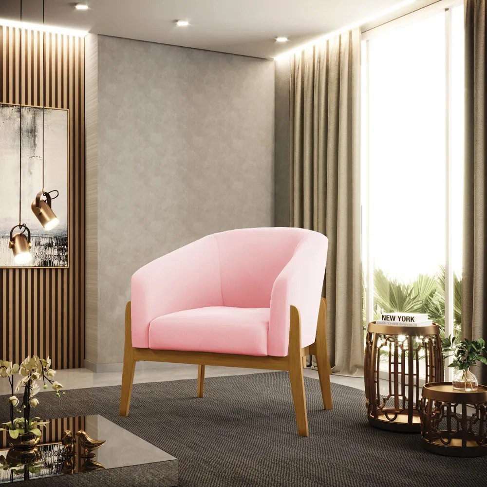 Poltrona Decorativa Base de Madeira Stella Suede Rosa Bebê D03 - D'Rossi