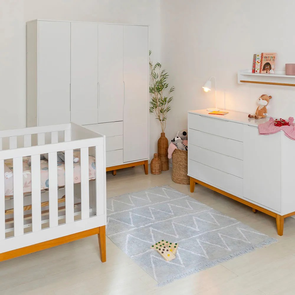 Kit Quarto Infantil com Pés Square Mel - Cômoda Elfe 4 Gavetas e 1 Porta + Guarda-Roupa Elfe + Berço Mini Cama Noah - Branco Fosco