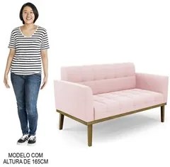 Sofá Namoradeira e 1 Poltrona Base Madeira Castanho Ana Suede Rosa Beb